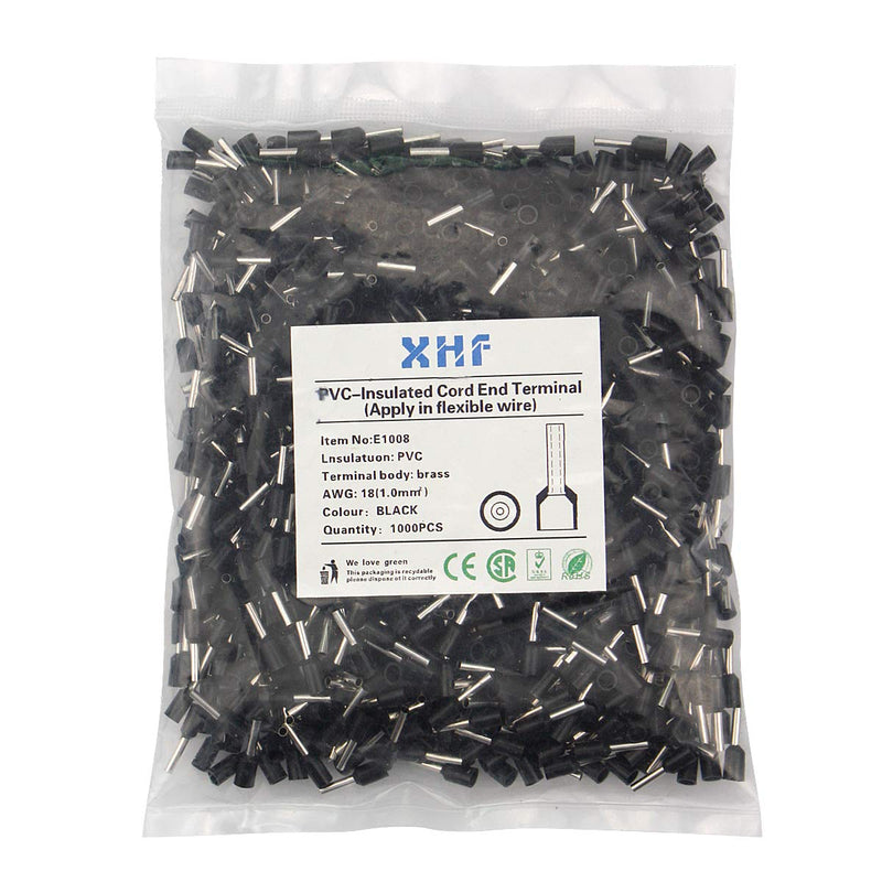 XHF 1000 PCS AWG 18/1.0mm² Wire Ferrules Insulated Copper Crimp Connectors, Crimp Pin Cord End Terminals Black