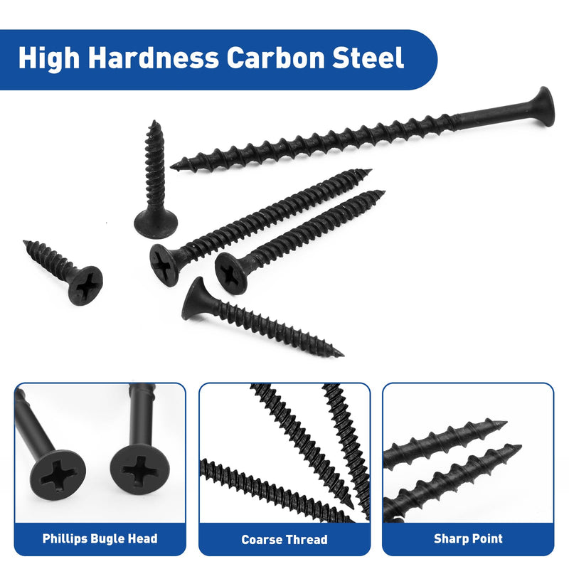 Drywall Screws Assortment Kit, Wood Screws for Drywall,108 PCS Coarse Thread, Phillips Drive Screws Set, Self Tapping Dry Wall Screws Assortment, 6 Sizes(3”,2”,1-1/2”,1-1/4”,1”,3/4”) (Black) Black