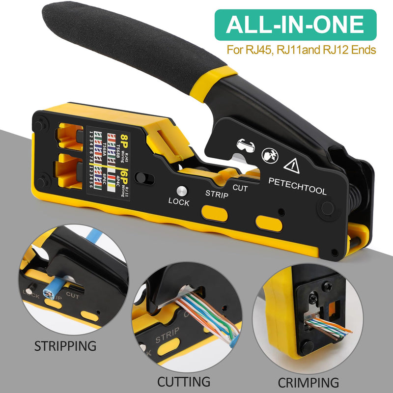 PETECHTOOL RJ45 Crimp Tool Pass Through Ethernet Crimping Tool Kit Cat6 Cat5e Cat6a RJ45 Crimper with Cable Tester, Cat6 Connectors with RJ45 Boot Covers, Mini Stripper, Blades and Cable Ties Crimper Kit