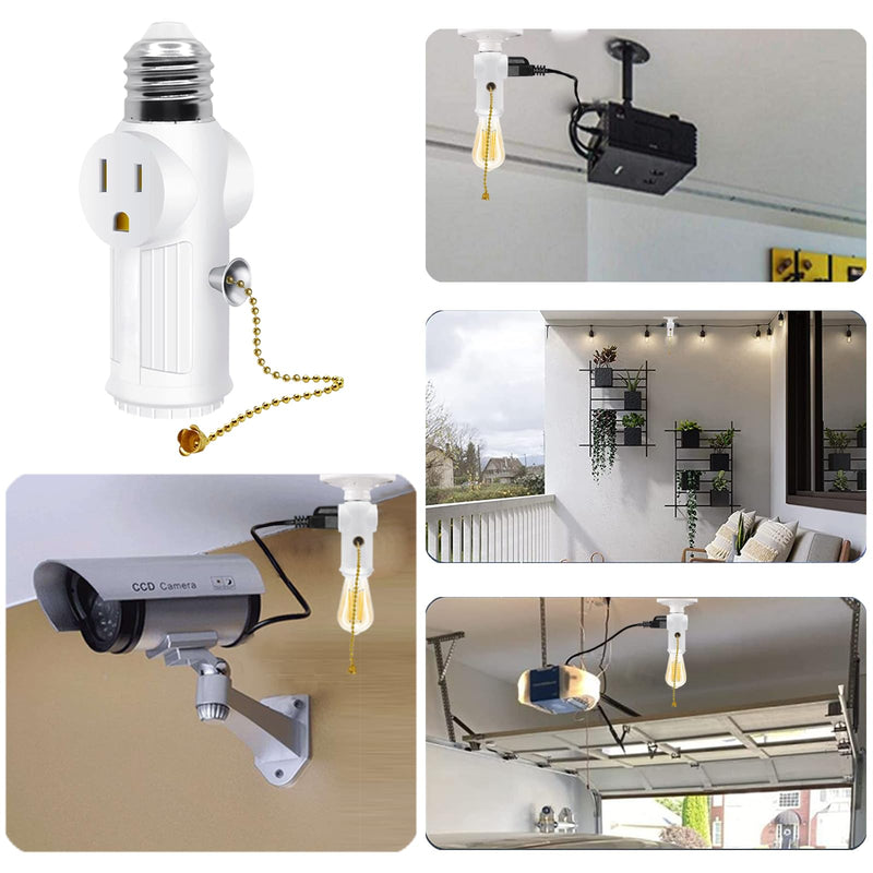 Light Socket to Plug Adapter,Convert E26 Light Socket to 3 Prong Outlet Adapter,Equipped with Bulb Control Switch,Polarized Light Socket Adapter Splitter,White,2 Pack White