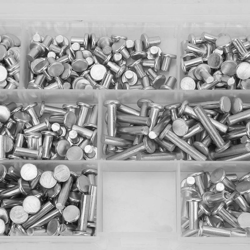 Solid Rivet Kit M4 Flat Head, 350Pcs Aluminum Rivets Assortment Kit, Multiple Aluminum Rivets Length 4/6/8/10/12/16/20mm, Solid Rivets Assortment Kit with Plastic Box