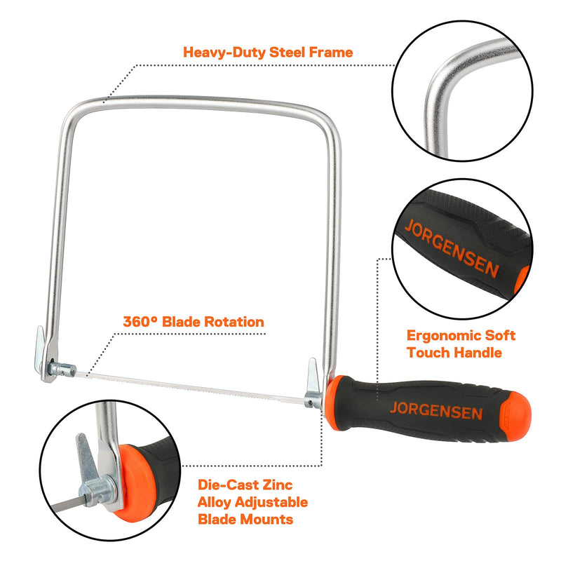 JORGENSEN Pro Coping Saw, Coping Frame and Extra 2pcs 6-1/2 Inch Replacement Blades Set for Woodworking, Plastic, Rubber, and Soft Metal Cutting