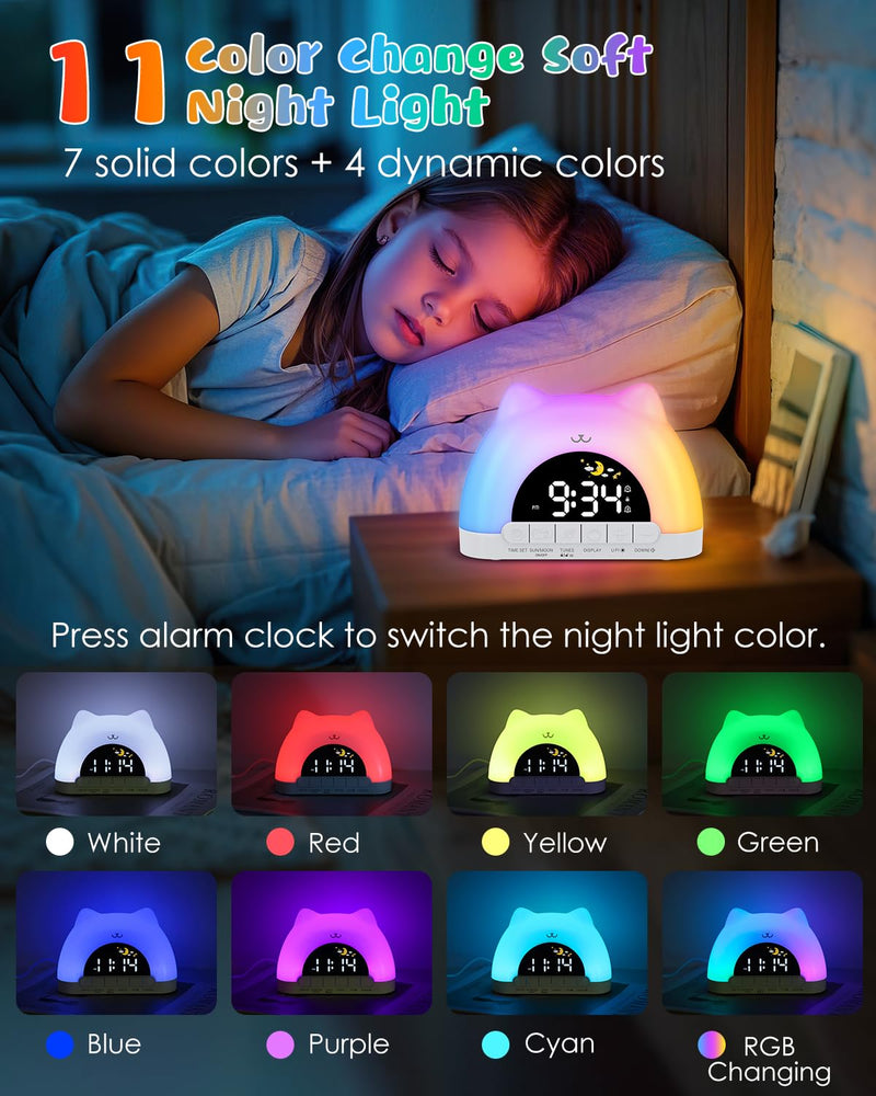 Kids Alarm Clock, OK to Wake Alarm Clock for Kids, Cat Clock with 11 Colors Night Light, 10 Soothing Sounds, Child Lock, Dual Alarms, Sleep Training, Birthday Gift for Boy Girls Children White
