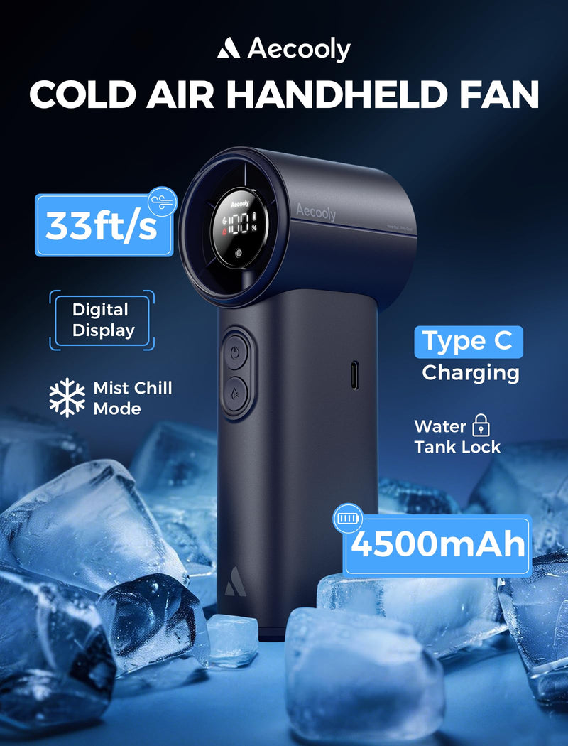 Aecooly Cold Air Portable Handheld Fan | 14.4°F Drop in 10s | Mist Chill & High Speed Wind | 20H Max Cooling Time | Battery Level Display | Rechargeable Personal Turbo Fan, Gifts for Men, Travel -Blue