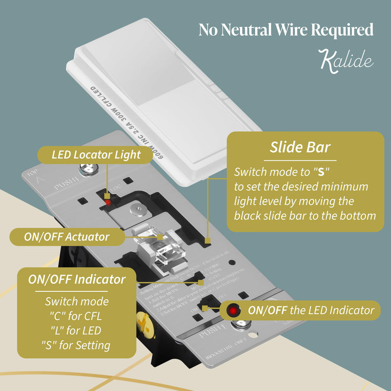 TOPGREENER Kalide Dimmer Light Switch, LED Dimmer Switch, Full Range Dimming, Single Pole/3-Way, 120VAC, 60Hz, 300W LED/CFL, Neutral Wire Not Required, Wall Plate Included, White 1