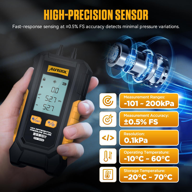 AUTOOL PT503 Mini Differential Pressure Gauge, Manometer Gas Pressure Tester with Dual Port Manometer, HVAC Gas & Air Pressure Tester, -101 to 200 kPa Range,6 Units, Digital Manometer with Data Lock