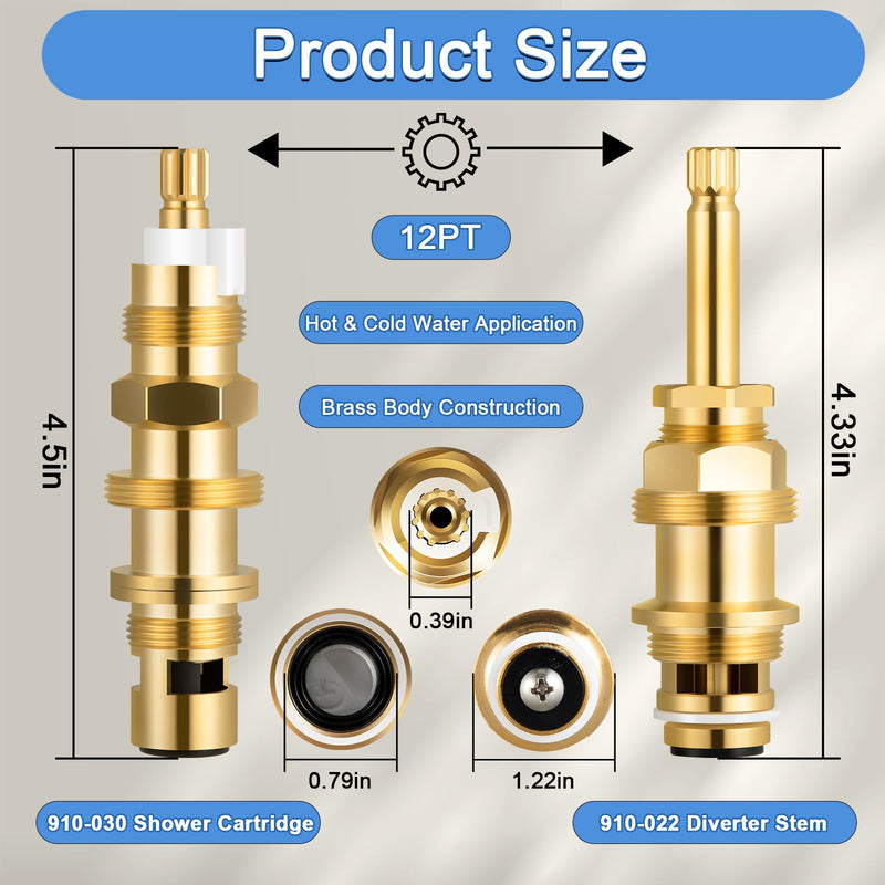 910-030 Ceramic Disc Cartridge Replacement and 910-022 Diverter Stem, Compatible with Price/Pfister Shower Valve and Faucet Stem, include Hot Cold and Diverter, Brass Construction