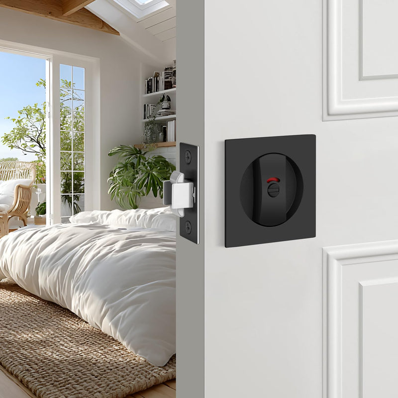 EHOMEWARE 2 Pack Matte Black Pocket Door Hardware, Keyless Privacy Pocket Door Handles, Pocket Door Latch with Red-Green Indicator, Square Recessed Door Handle for Sliding/Bifold Doors Privacy Door Lock-2 Pack