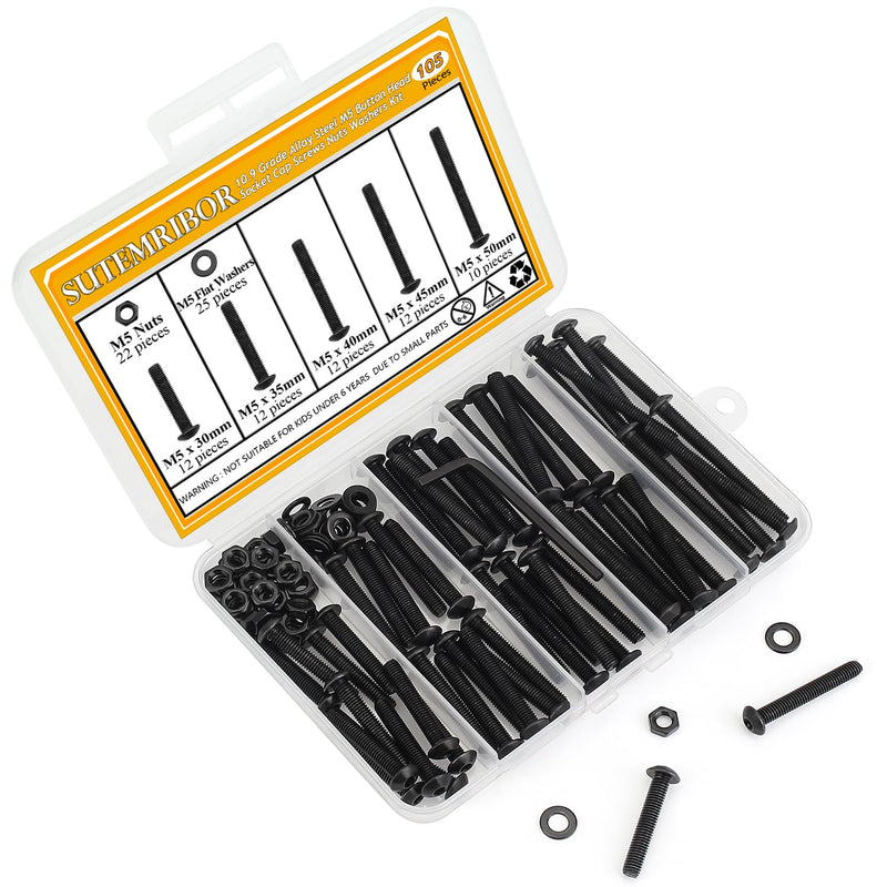 105 Pieces M5 x 30/35/40/45/50mm Button Head Socket Cap Screws Nuts Washers Set Black, Sutemribor M5 Long Screws, M5 Black Screws Nuts Washers Assortment Kit, 10.9 Grade Alloy Steel, Fully Threaded M5 Long Screws Kit