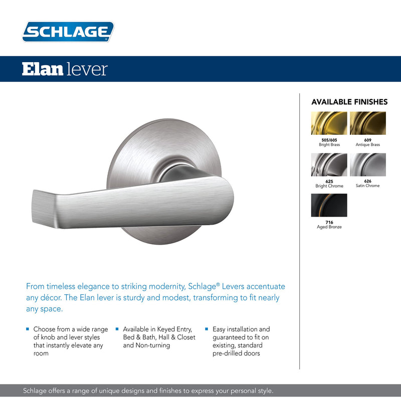 Schlage F10 CSV ELA 626 Commercial Series Elan Door Lever, Hall & Closet Passage Lock, Satin Chrome Pack of 1