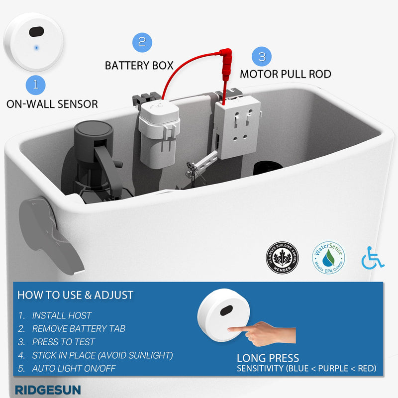 Automatic Touchless Toilet Flush Kit, Motor-Driven, Battery Operated, Fits Most Flapper Toilets, Motion Sensor Flush Valve, Easy DIY Install