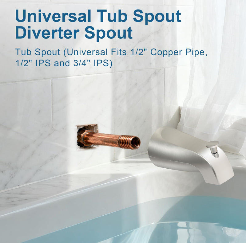 Universal Tub Spout for 1/2" Copper Pipe, 1/2" IPS and 3/4" IPS, Bathtub Faucet with Diverter and Adapter and Hex Wrench (Brushed Nickel) Brushed Nickel