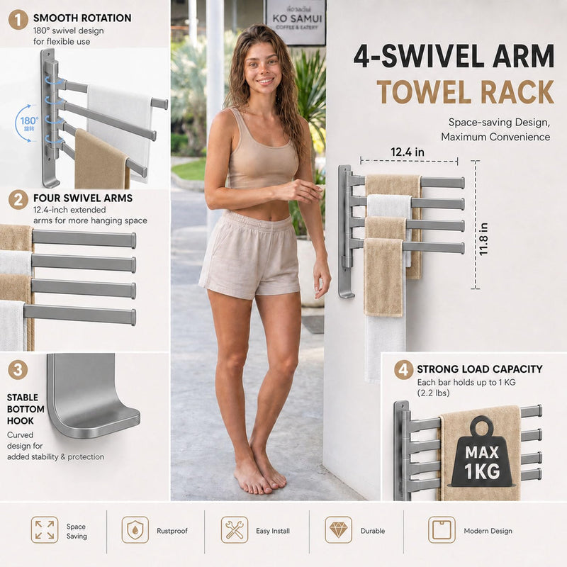 4 Arms Swivel Towel Rack Thicken Towel Holder with Hook Space Saving Towel Bar Wall Mount Swivel Towel Racks for Bathroom Kitchen-Grey Grey 4-arm