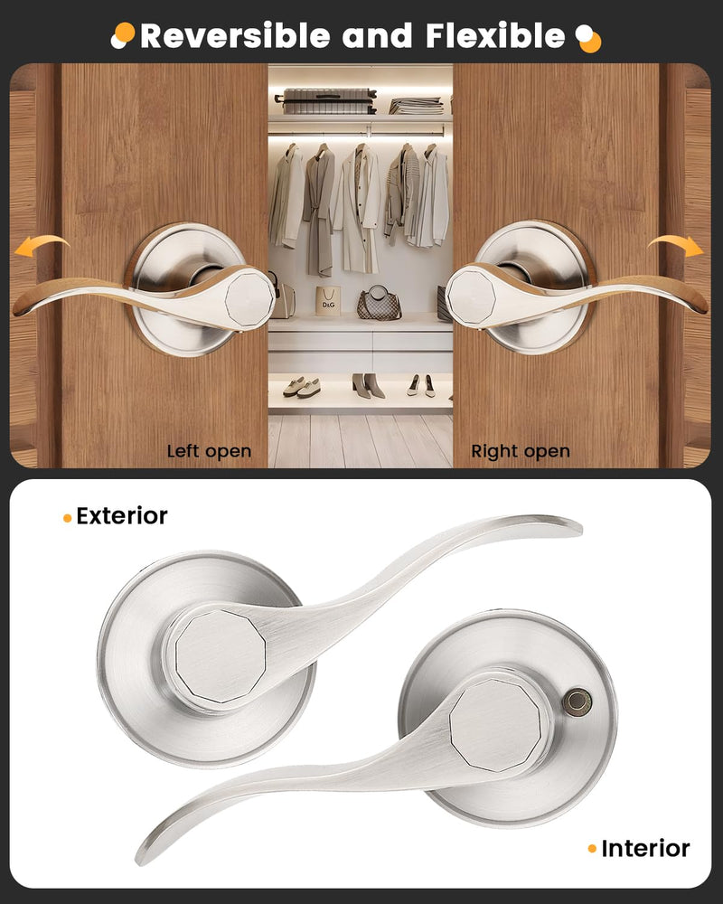 Gobrico 1 Pack Passage Door Handle in Satin Nickel, Interior Closet Hallway Drop Style Door Lever, Heavy Duty Door Knob Without Locking