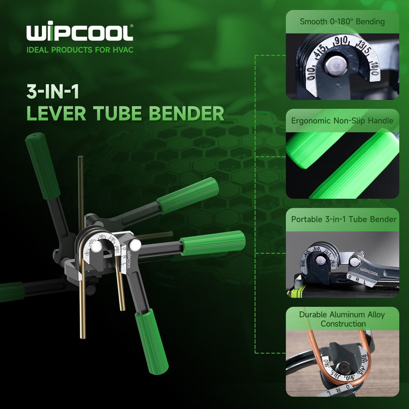 WIPCOOL 3-in-1 Compact Tube Bender, 0–180° Copper Tubing Bender for 1/4", 5/16", 3/8" O.D., Manual HVAC Bender Tool for Air Conditioning & Refrigeration Tight Spaces Compact Small Tubing (1/4"–3/8")