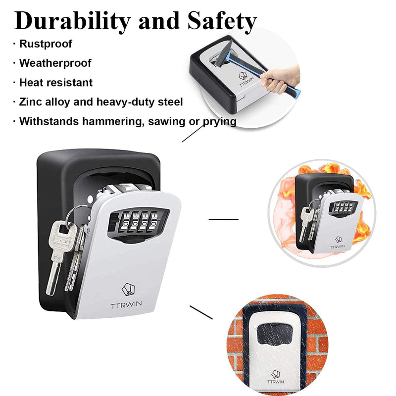 TTRWIN Key Lock Box for Outside, Resettable 4 Digit Combination Waterproof Lockbox, Key Safe Storage Security Lock Box, 5 Keys Large Capacity Wall Mounted LockBox for House Key, ID Card, Garage Key Gray-003 1 Pack