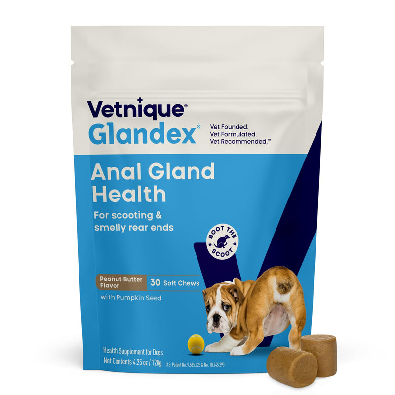 Vetnique Glandex Anal Gland Soft Chew Treats with Pumpkin for Dogs Digestive Enzymes, Probiotics Fiber Supplement for Dogs Boot the Scoot (30ct, Peanut Butter Chews) 30ct