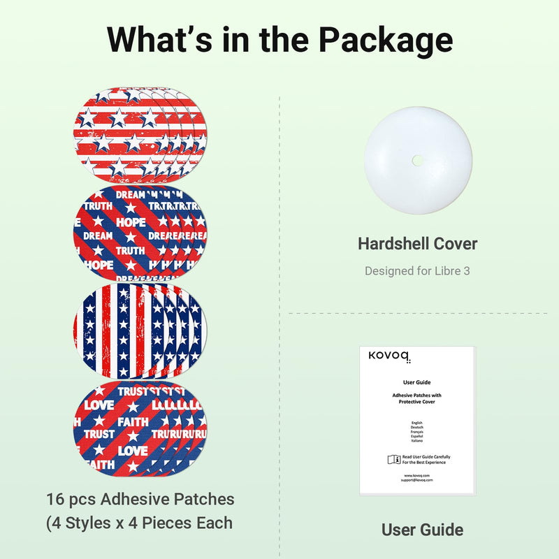 Freestyle Libre 3 Sensor Covers, 16 Printed Waterproof Libre 3 Covers, 1 Hardshell Cover for Enhanced Safeguard, Breathable, 14 Days Protection with Style (Patriot Collection) Printed 16+1 (Patriot)