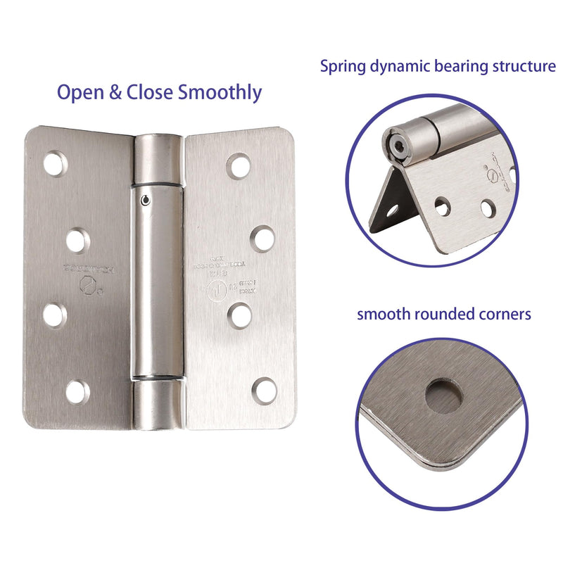 2 Pieces Self Closing Door Hinge 4 inch Satin Nickel Auto Close Hinge Adjustable 4" x 4" Spring Hinges Door Closer Hinge 1/4" Radius Corner Commercial Auto Self-Closing Hinge