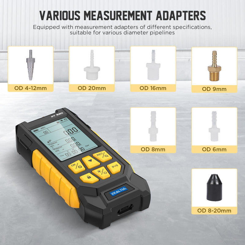 Dual-Port HVAC Manometer with 7 Adapters, 10 Units Switch, Data Locking & Storage, -100~200Kpa, Magnetic Back, Backlit Display Screen Manometer Gas Pressure Tester, PT520