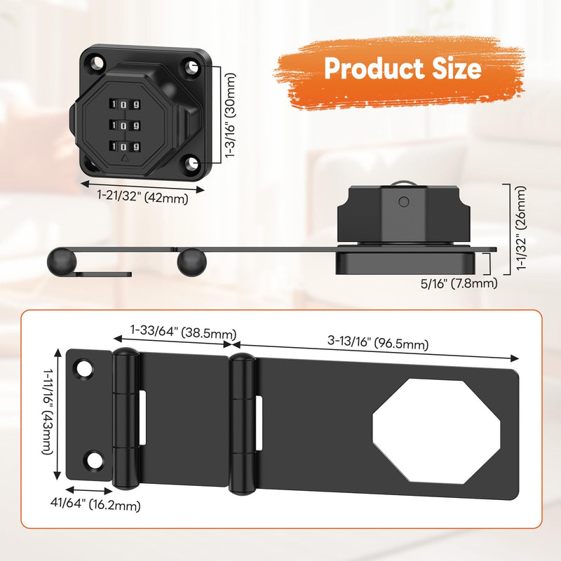 90 Degree 3-Digit Combination Cabinet Lock, Zinc Alloy Keyless Folding Hasp Lock Latch, Password Security Rotary Door Latch for Office File Cabinet, Drawer, Locker, Cupboard (2, Black) 2