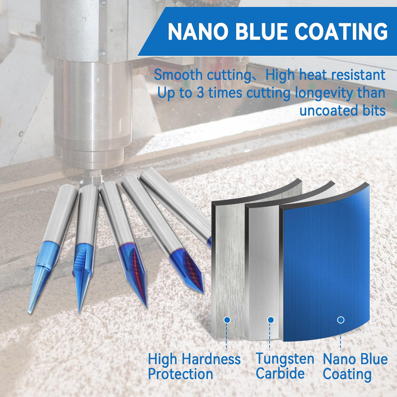 CNC Wood Carving Router Bits Set of 5, 1/4 Shank, 15°/20°/30°/60°/90° Engraving Bits 2 Flutes Straight CNC V-bit with Nano Blue Coating CNC Milling Cutter Engraving Router