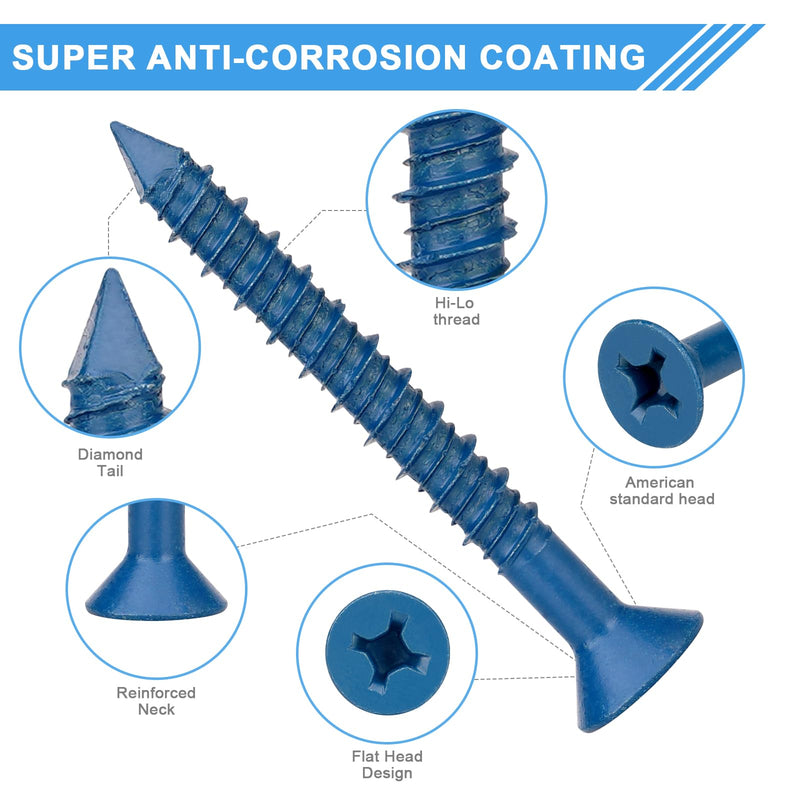 55 Packs, Concrete Screw Anchor, 3/16" x 1-3/4", Blue Flat Head Screws for Anchoring to Masonry, Brick, Block, Cement or Stucco 3/16" X 1-3/4" 55pcs