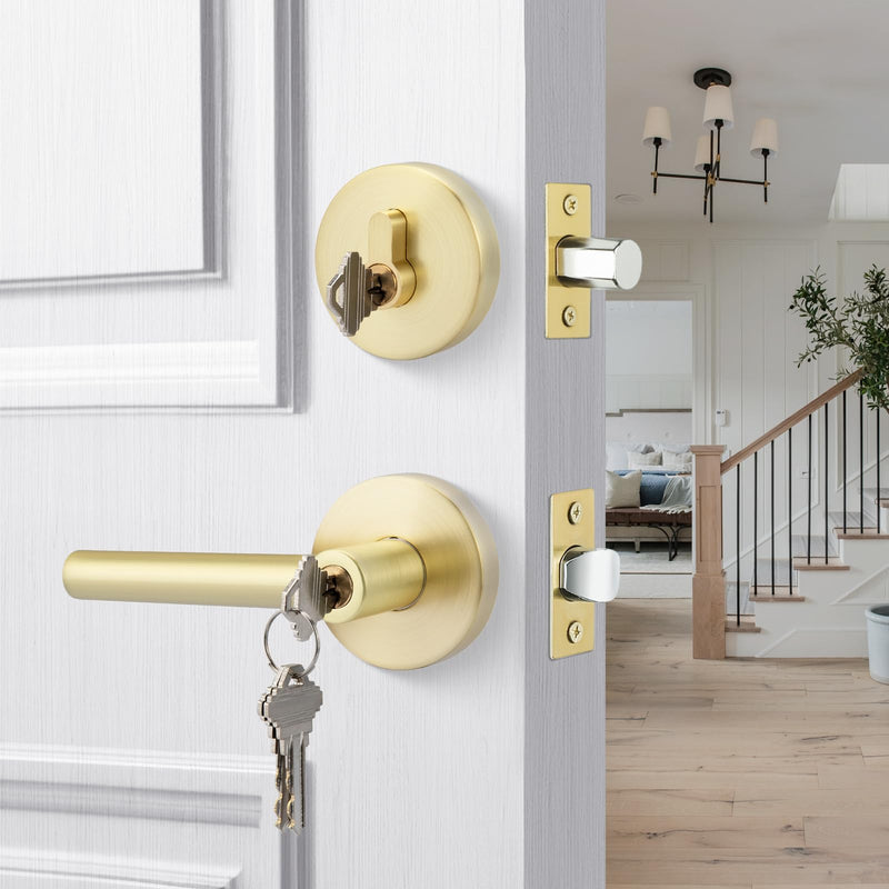goldenwarm Exterior Deadbolt and Keyed Entry Door Handle Set, Heavy Duty Zinc Alloy Gold Door Lever, Key Entry Front Brushed Gold Door Handle with Lock and Key(1 Pack) 1 Pack Handleset
