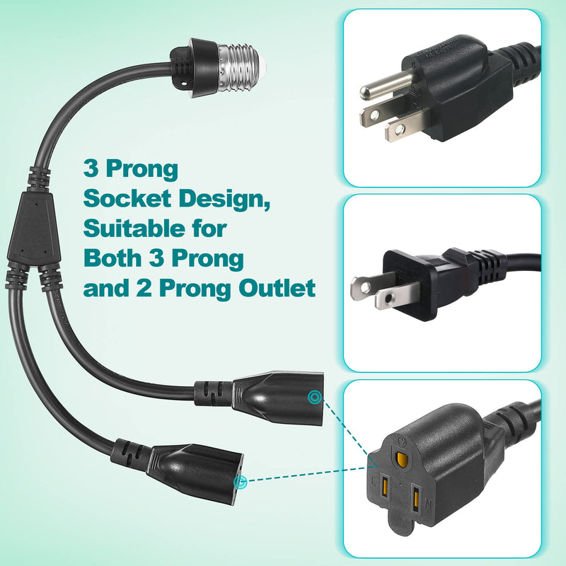 2 in 1 Light Socket to Plug Adapter, Convert E26/E27 Bulb Socket to 2 Pieces 3 Prong Outlet with Extension Cord, Flexible Light Bulb Socket Converter Suitable for Porch Patio Garage Use(Black) Black