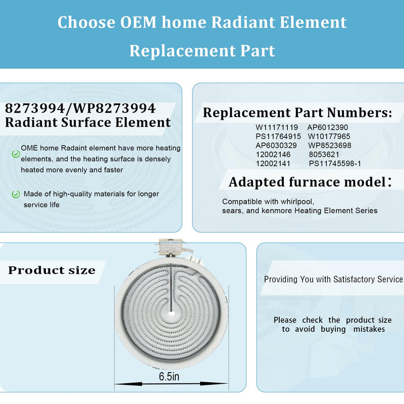 Upgraded 6.5in W11171119, 8273994 wp8273994 Radiant Surface Element Compatible with Whirlpool Glass Top Burner Replacement Replace For: 8273994, W11171119, WP8273994, AP6012390, PS11745598-1