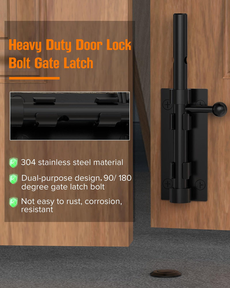 Barrel Bolt Latch, 6" Shed Door Latch, Heavy Duty Slide Bolt Gate Latch, Hardware Gate Drop Rod Bolt Lock for Barn Door, Wooden Fence, Courtyard, Backyard, Outdoor (Black - 1pc) Black - 1pc