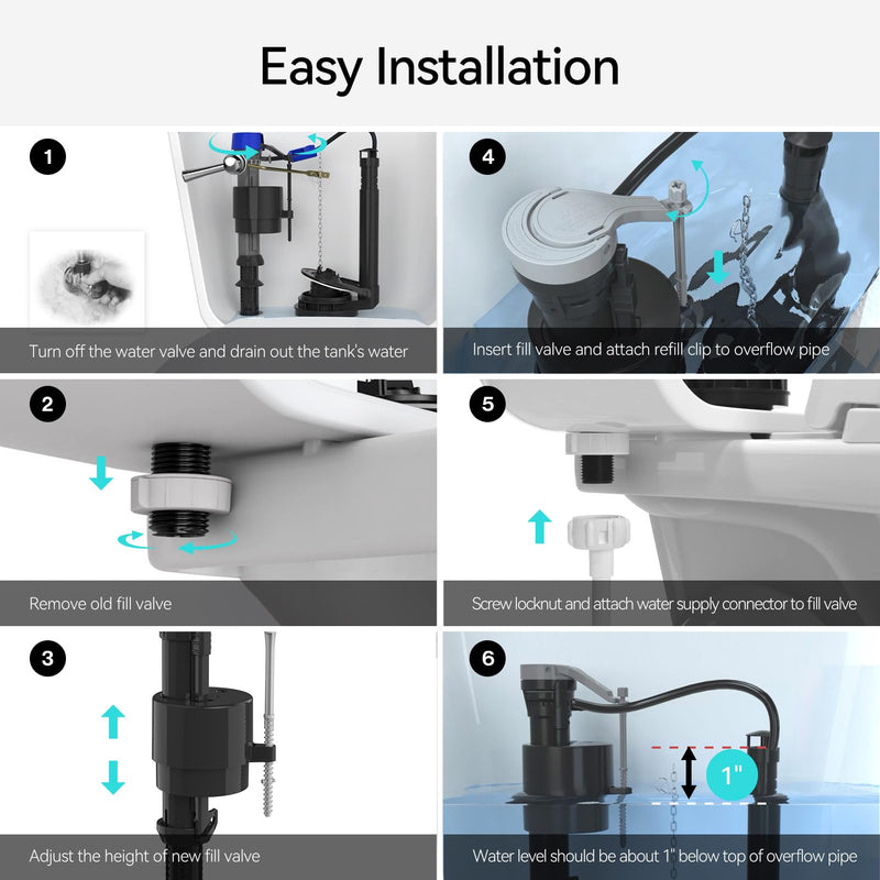 R&T Toilet Fill Valve, Anti Siphon Toilet Tank Replacement Kit, Universal Easy Install Toilet Parts Inside Tank A1320
