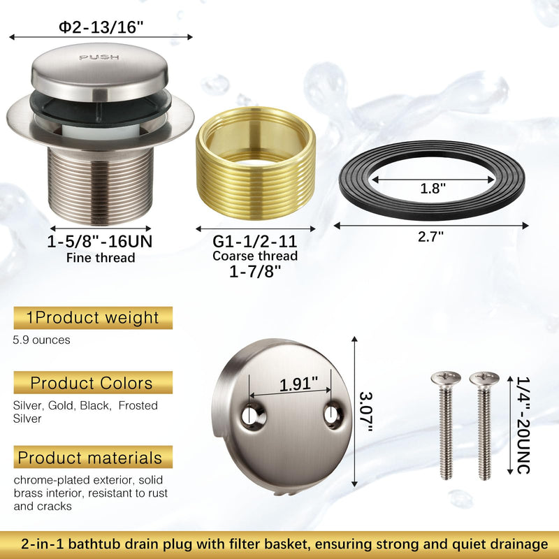 Bathtub Drain Tip-Toe Tub Trim Set with Two-Hole Overflow Faceplate, Bath Drain Trim Set Conversion Kit Assembly, Coarse Thread Replacement Trim Kit (Brushed Nickel) Brushed Nickel-