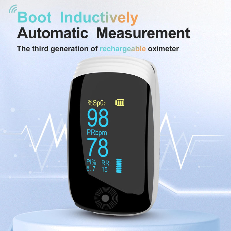 Fingertip Pulse Oximeter, Blood Oxygen Saturation (SpO2) Monitor for Fast Readings, Track Heart Rate, Respiration Rate (RR) & PI, Rechargeable with Rotatable OLED Display, 6 Modes, Portable - White