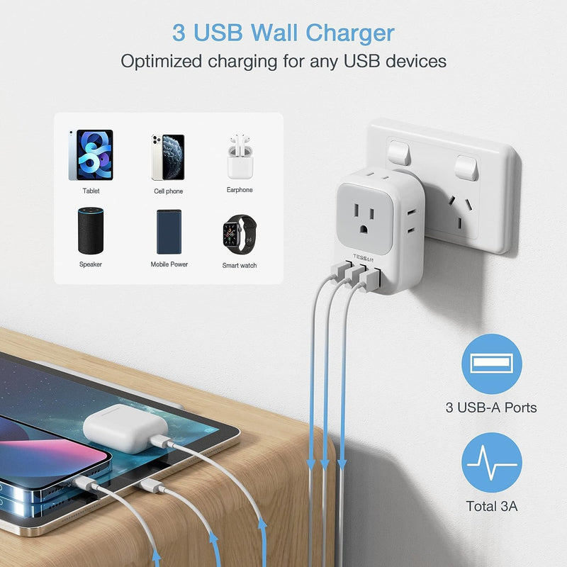 TESSAN Australia Power Plug Adapter, US to New Zealand Power Adapter with 4 American Outlets 3 USB Charger, Type I Travel Adaptor for USA to Australian, China, AU, Argentina, Fiji, Cook Islands, Samoa gray/white-Type I