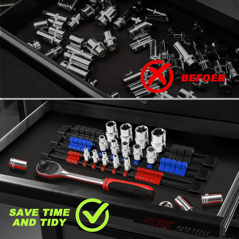 3-Piece Socket Organizer Rail Set, Premium Socket Holder, Heavy-Duty Socket Rack Kit With 43 Clips 1/4-Inch x 16 Clips, 3/8-Inch x 15 Clips, 1/2-Inch x 12 Clips – Ideal for Tool Storage 3 Pcs