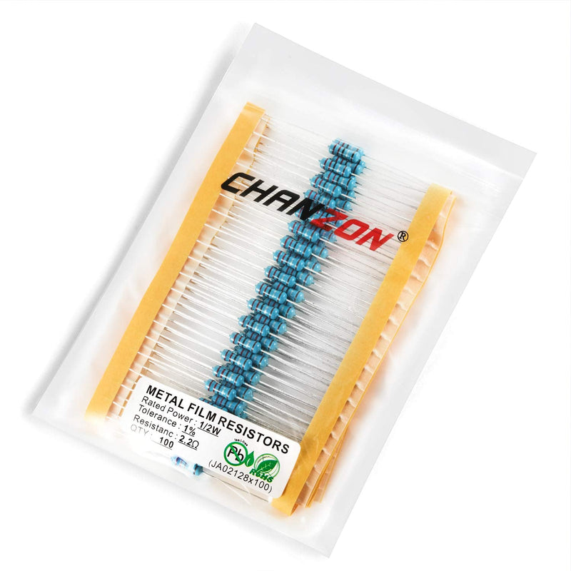 Chanzon 100pcs 1/2W (0.5W) 2.2 Ω ohm 2r2 Metal Film Fixed Resistor 0.01 ±1% Tolerance 2.2R MF Through Hole Resistors Current Limiting Rohs Certificated [1-2ZC02] 2.2 ohm