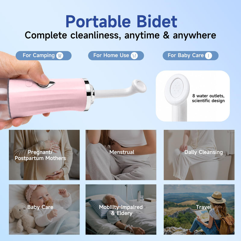 Electric Portable Bidet for Travel, Rechargeable Handheld Bidet Sprayer with USB-C, 4 Pressure Modes & 2 Specialized Nozzles for Front/Rear Wash, IPX7 Waterproof, Bottle Compatible, Detachable（Pink） Pink