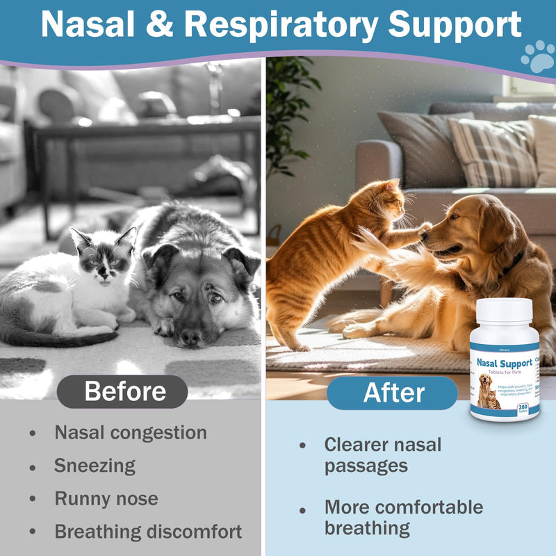 Nasal Congestion Relief for Cats and Dogs, Sinus Support Supplement for Pets, Congestion and Sneezing Relief & Clear Breathing Respiratory Comfort, Natural Formula for Cats and Dogs 200 Tablets