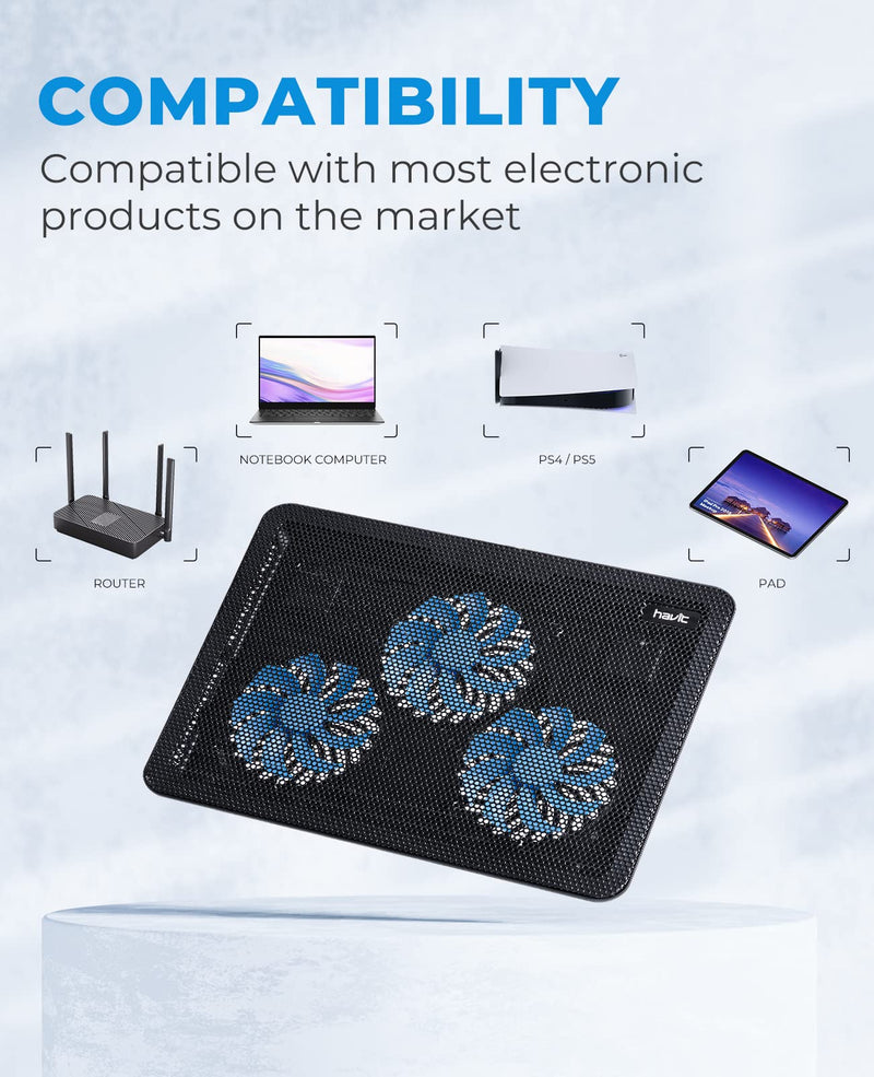 havit HV-F2056 15.6"-17" Laptop Cooler Cooling Pad - Slim Portable USB Powered (3 Fans), Black/Blue Black+Blue