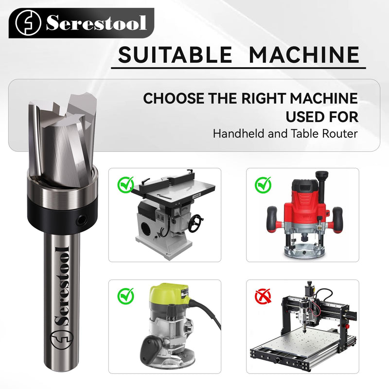 Top Bearing Flush Trim Router Bit 1/4 Shank, 1/2" Cutting Diameter, 1/2" Cutting Length, 3 Flutes Down Cut, Carbide Spiral Pattern Template Bit for Wood Trimming 1/4"x1/2"x1/2"