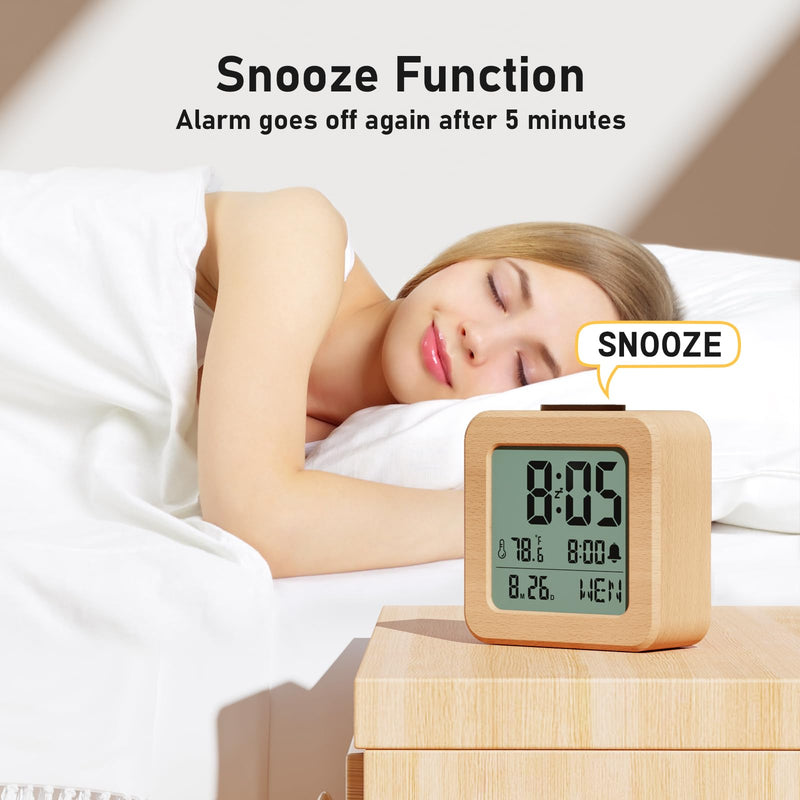 CHEREEKI Battery Operated Clock with Real Wood Case, Loud Alarm, Snooze, Automatic Light Sensor, Temperature, Date and Day of the Week Display (3 AAA Batteries Included)
