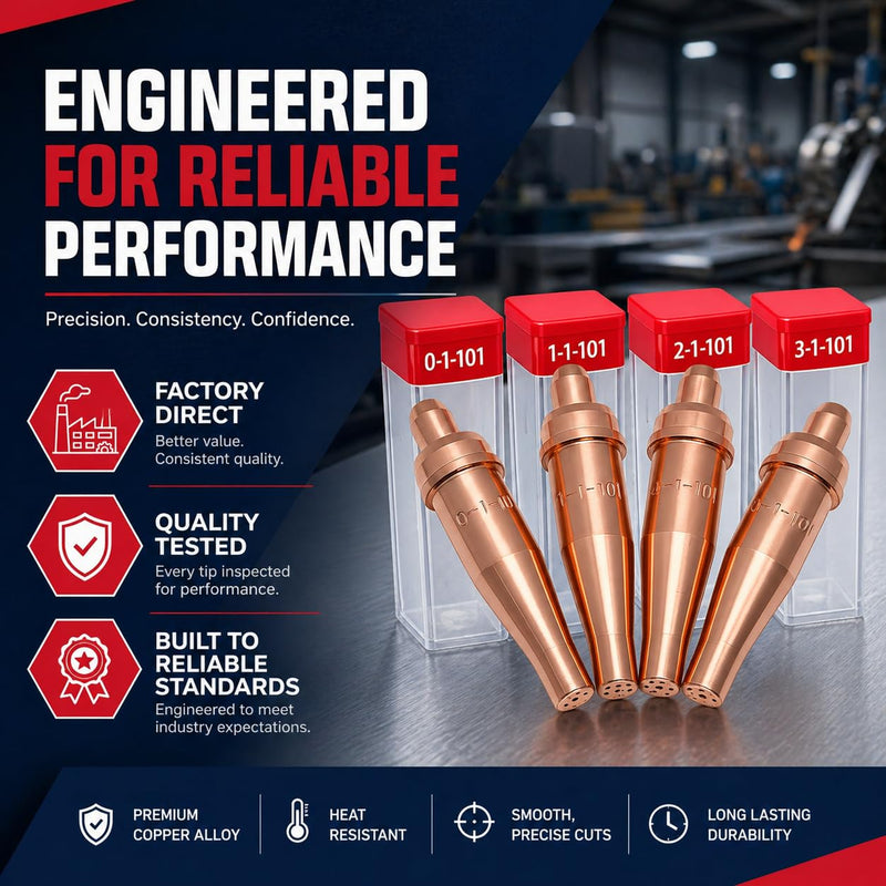 1-101 Cutting Torch Tips Set, 4 Pack Includes 0-1-101 1-1-101 2-1-101 3-1-101, Victor Style Compatible, Copper Oxygen Acetylene Tips for Welding and Metal Cutting