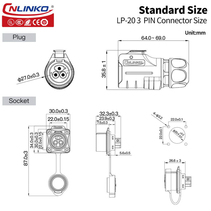 CNLINKO LP-20 3-Pin Waterproof Connector - Quick Plugging & Secure Screw-in Design, IP68 Aviation Connector, M20 Flange Socket with 4-Hole Panel (LP20 3 Pin) LP-20 3-Pin Screwing
