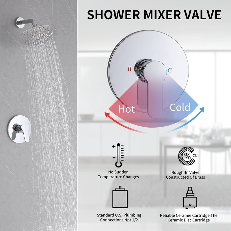 Shower Valve Handle Trim Kit Rough-in Control Valve, Chrome Wall Mount Rough-in Single Function 1 Way Valve, NPT1/2 Female Thread, Bathroom Fixture, Single Handle Shower Valve Trim Kit