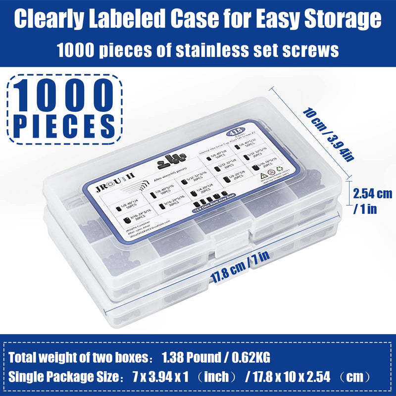 1000pcs Metric + SAE Set Screw Assortment Kit, Internal Hex Drive Cup-Point Allen Screws Set 12.9 Class Alloy Steel Grub Screw (M3-M8, 1/8"-40 to 5/16"-18) Black Set Screws 1000PCS