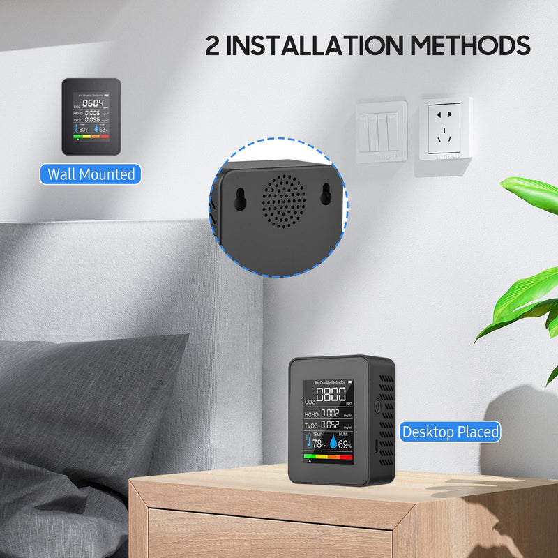 Prefessionall Indoor Air Quality Monitor, 5 in 1 Portable Smartair Quality Tester for CO2 | TVOC | HCHO | Temp | Hum for Home Cars Plants and Pets So On (Black) Black