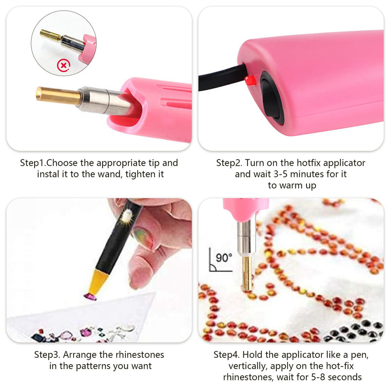 Hotfix Applicator,DIY Hot Fix Rhinestone Setter Applicator Wand Tool Kit Set with 7 Different Sizes Tips,Support Stand (Pink) pink