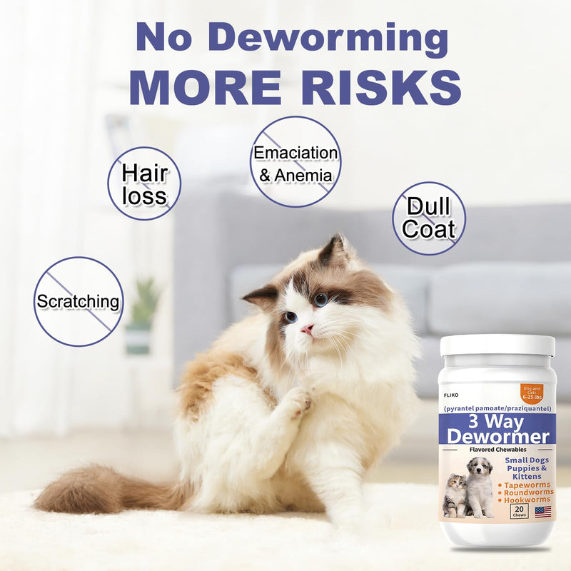 FLIKO 3-Way Dewormer for Dogs, Puppies, Cats & Kittens, Puppy Dewormer for Tapeworms, Roundworms & Hookworms, Pyrantel Pamoate & Praziquantel, 20 Chews