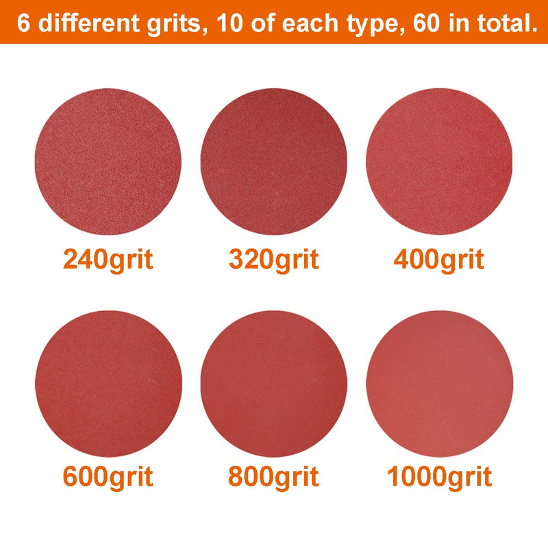 60Pcs Sanding Discs 5 Inch 8 Holes, 1000/800/600/400/320/240 Grit Sandpaper for Random Orbital Sander 240-1000
